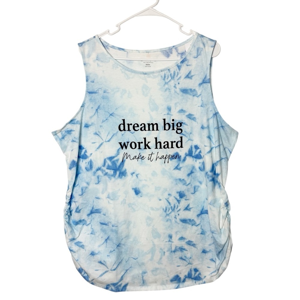 LIVI Nebulas Blue Boatneck Ruched-Side Tie-Dye Tank Dream Big Work Hard Graphic